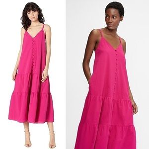 NWT TED BAKER Barbie Pink Sleeveless Button Front Tiered Ruffle Hem Midi Dress 2